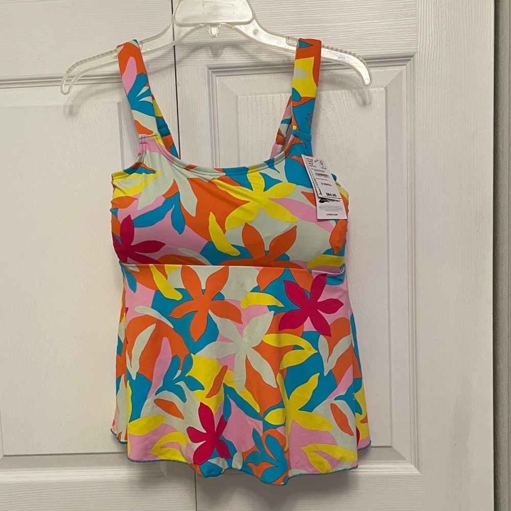 NWT $85 Lands’ End Multi Graphic Floral Tankini Top Swim Top w/Sun Protection XS
